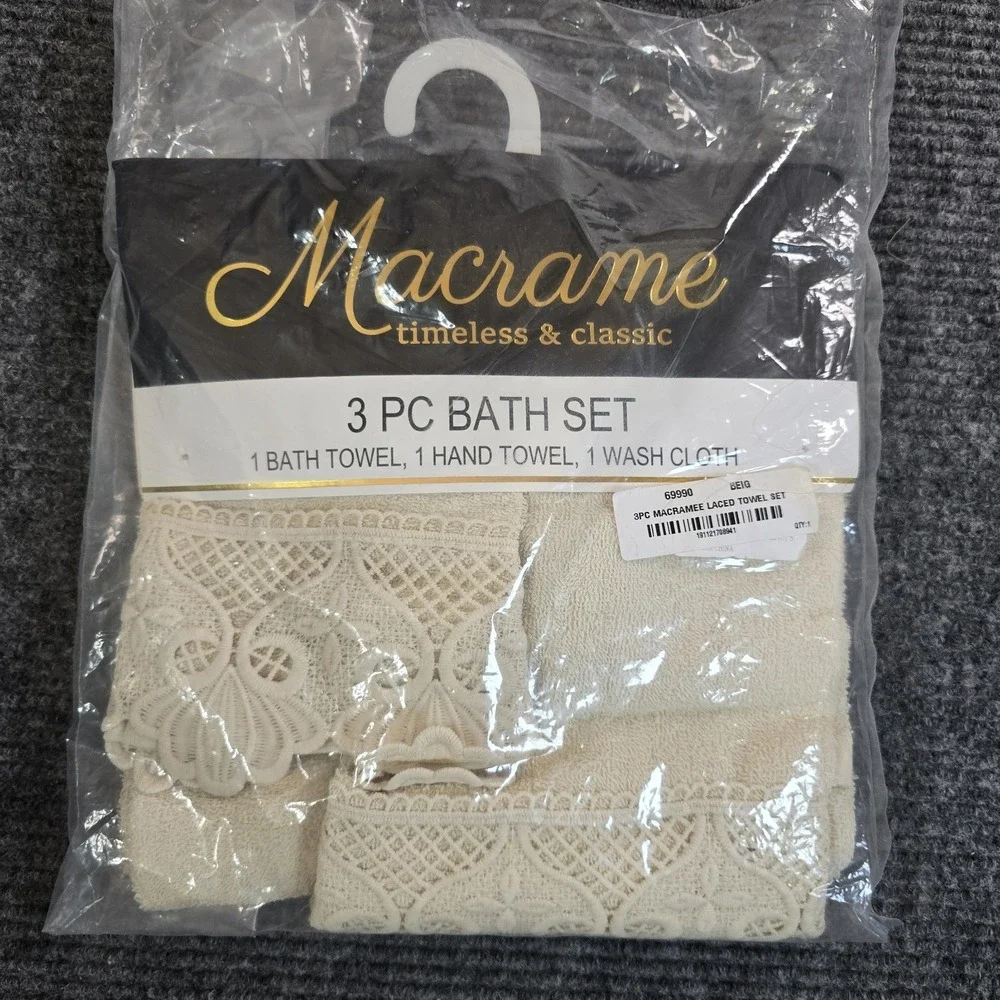 Macrame 3 Pc Bath Towel Set Beige Lace Cottagecore Victorian Romantic NEW